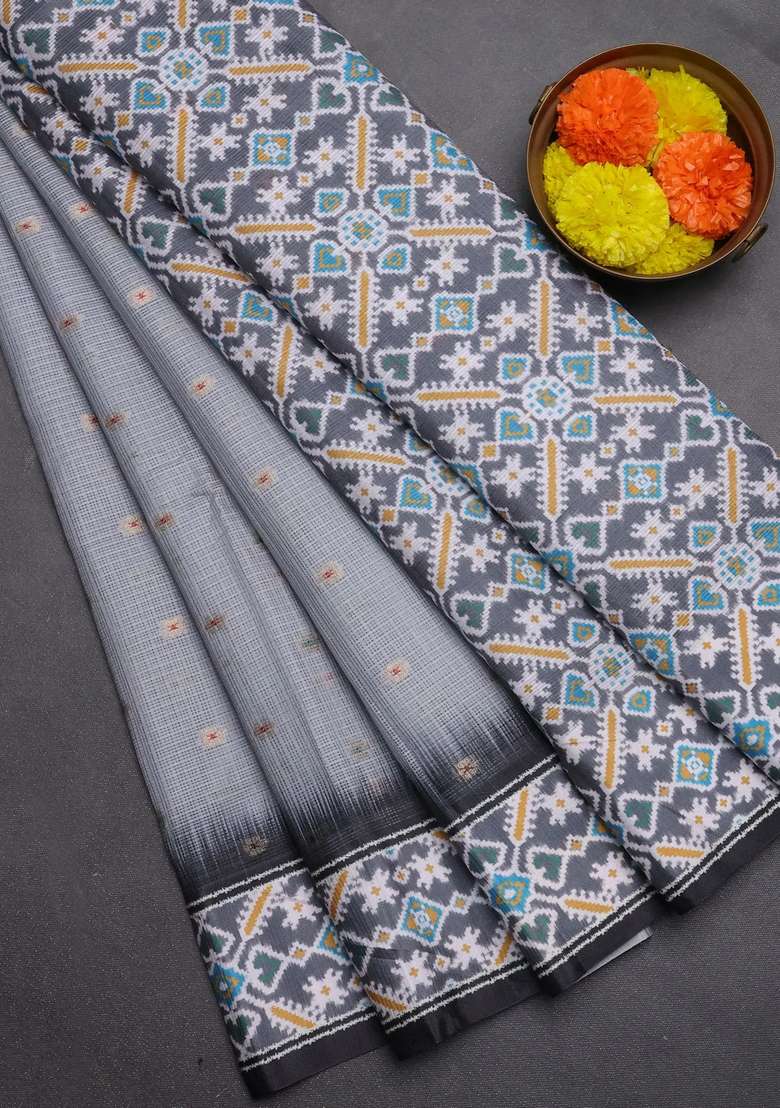 Art Kota Art Silk Saree Pastel Grey And Dark Grey With Allover Zari Woven Buttas And Temple Design Ikat Printed Border For Women - Indya