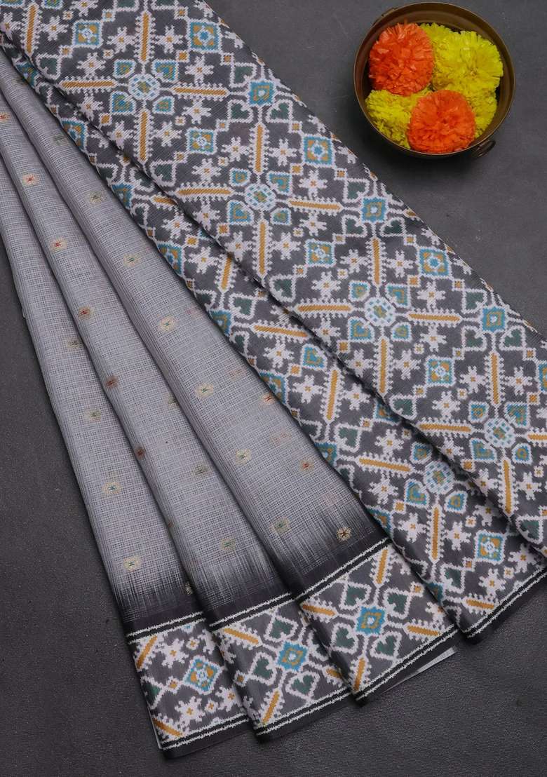 Art Kota Art Silk Saree Grey And Black With Allover Zari Woven Buttas And Temple Design Ikat Printed Border For Women - Indya