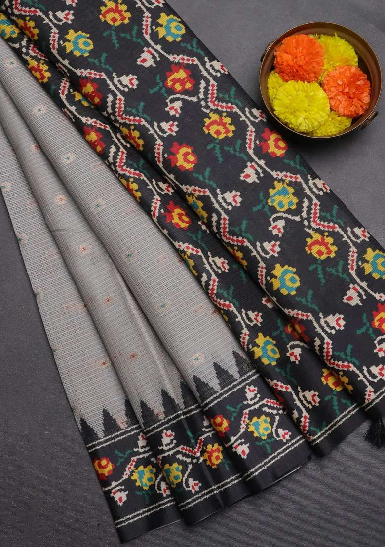 Art Kota Art Silk Saree Pastel Grey And Dark Grey With Allover Zari Woven Buttas And Temple Design Ikat Printed Border For Women - Indya