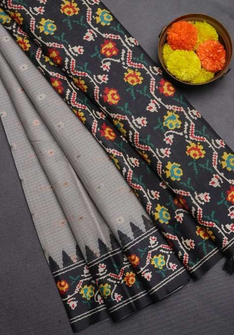 Art Kota Art Silk Saree Pastel Grey And Dark Grey With Allover Zari Woven Buttas And Temple Design Ikat Printed Border For Women