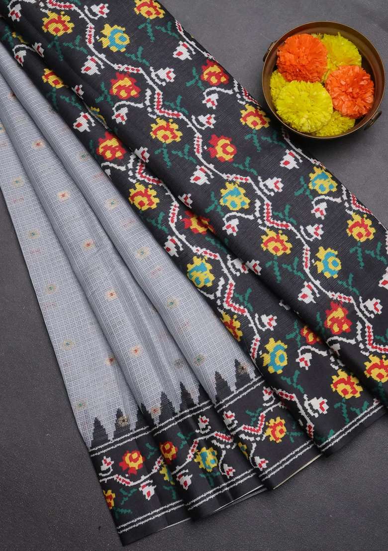 Art Kota Art Silk Saree Pastel Grey And Dark Grey With Allover Zari Woven Buttas And Temple Design Ikat Printed Border For Women - Indya
