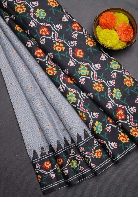 Art Kota Art Silk Saree Pastel Grey And Dark Grey With Allover Zari Woven Buttas And Temple Design Ikat Printed Border For Women