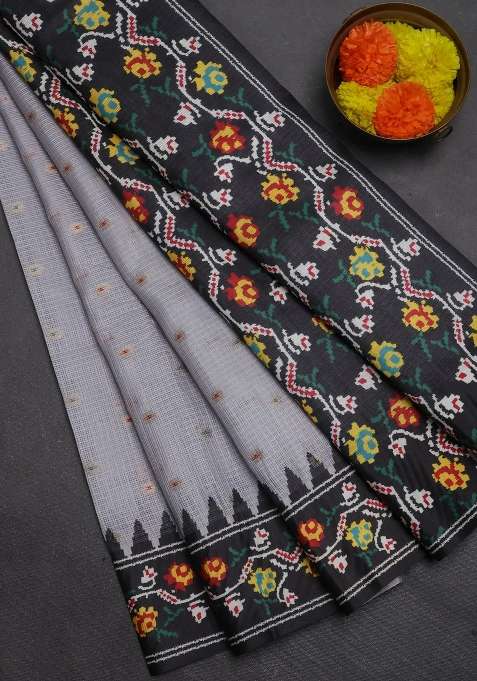 Art Kota Art Silk Saree Grey And Black With Allover Zari Woven Buttas And Temple Design Ikat Printed Border For Women