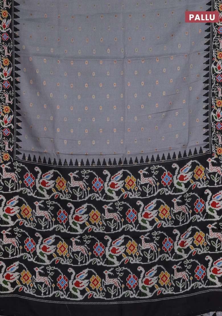 Art Kota Art Silk Saree Pastel Grey And Dark Grey With Allover Zari Woven Buttas And Temple Design Ikat Printed Border For Women - Indya