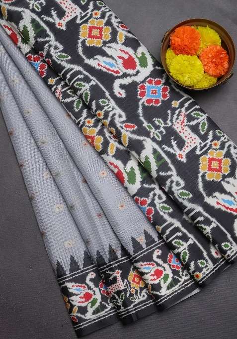Art Kota Art Silk Saree Pastel Grey And Dark Grey With Allover Zari Woven Buttas And Temple Design Ikat Printed Border For Women