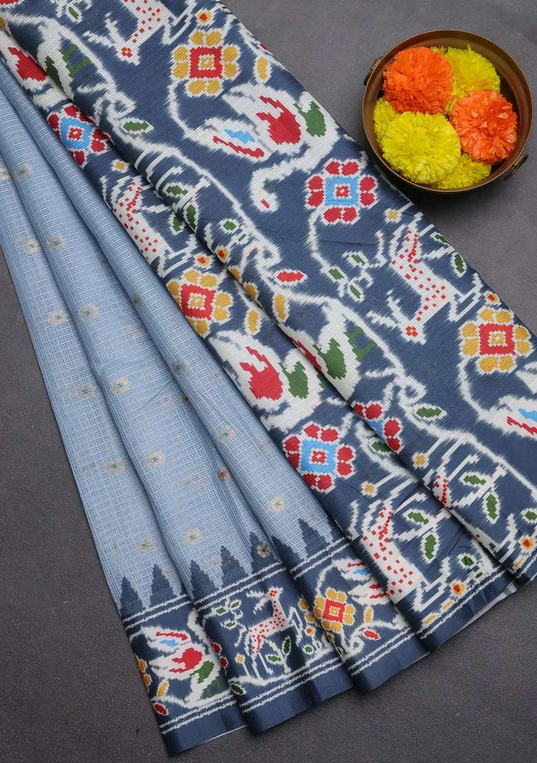 Art Kota Art Silk Saree Pastel Grey And Dark Grey With Allover Zari Woven Buttas And Temple Design Ikat Printed Border For Women - Indya