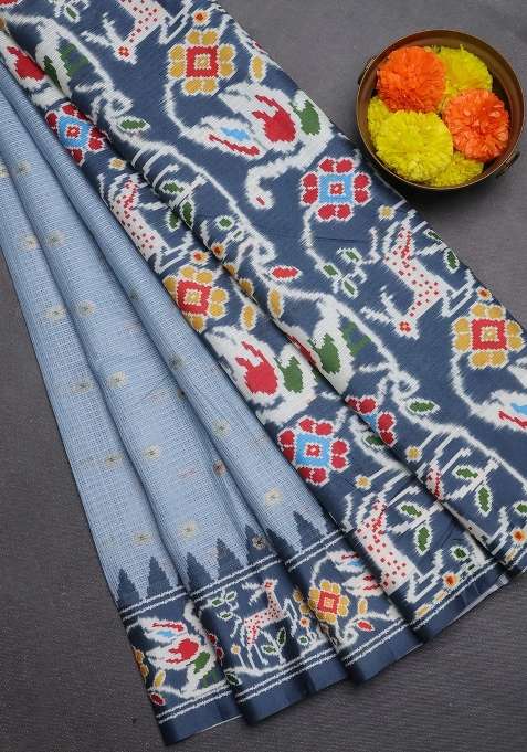 Art Kota Art Silk Saree Pastel Grey And Dark Grey With Allover Zari Woven Buttas And Temple Design Ikat Printed Border For Women