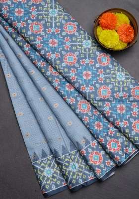 Art Kota Art Silk Saree Greyish Blue And Grey With Allover Zari Woven Buttas And Temple Design Ikat Printed Border For Women