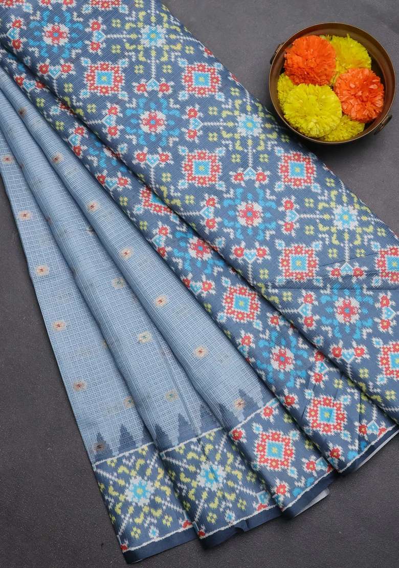 Art Kota Art Silk Saree Greyish Blue And Grey With Allover Zari Woven Buttas And Temple Design Ikat Printed Border For Women - Indya