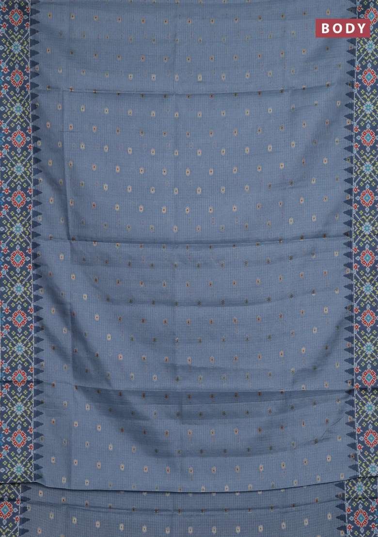 Art Kota Art Silk Saree Greyish Blue And Grey With Allover Zari Woven Buttas And Temple Design Ikat Printed Border For Women - Indya
