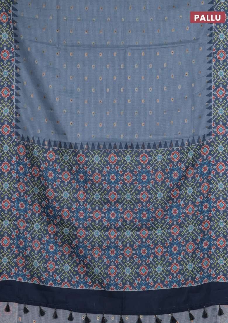 Art Kota Art Silk Saree Greyish Blue And Grey With Allover Zari Woven Buttas And Temple Design Ikat Printed Border For Women - Indya