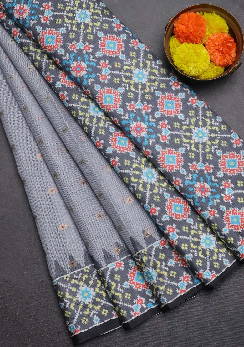 Art Kota Art Silk Saree Pastel Grey And Dark Grey With Allover Zari Woven Buttas And Temple Design Ikat Printed Border For Women - Indya
