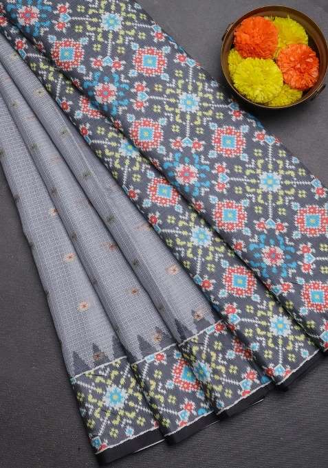 Art Kota Art Silk Saree Pastel Grey And Dark Grey With Allover Zari Woven Buttas And Temple Design Ikat Printed Border For Women
