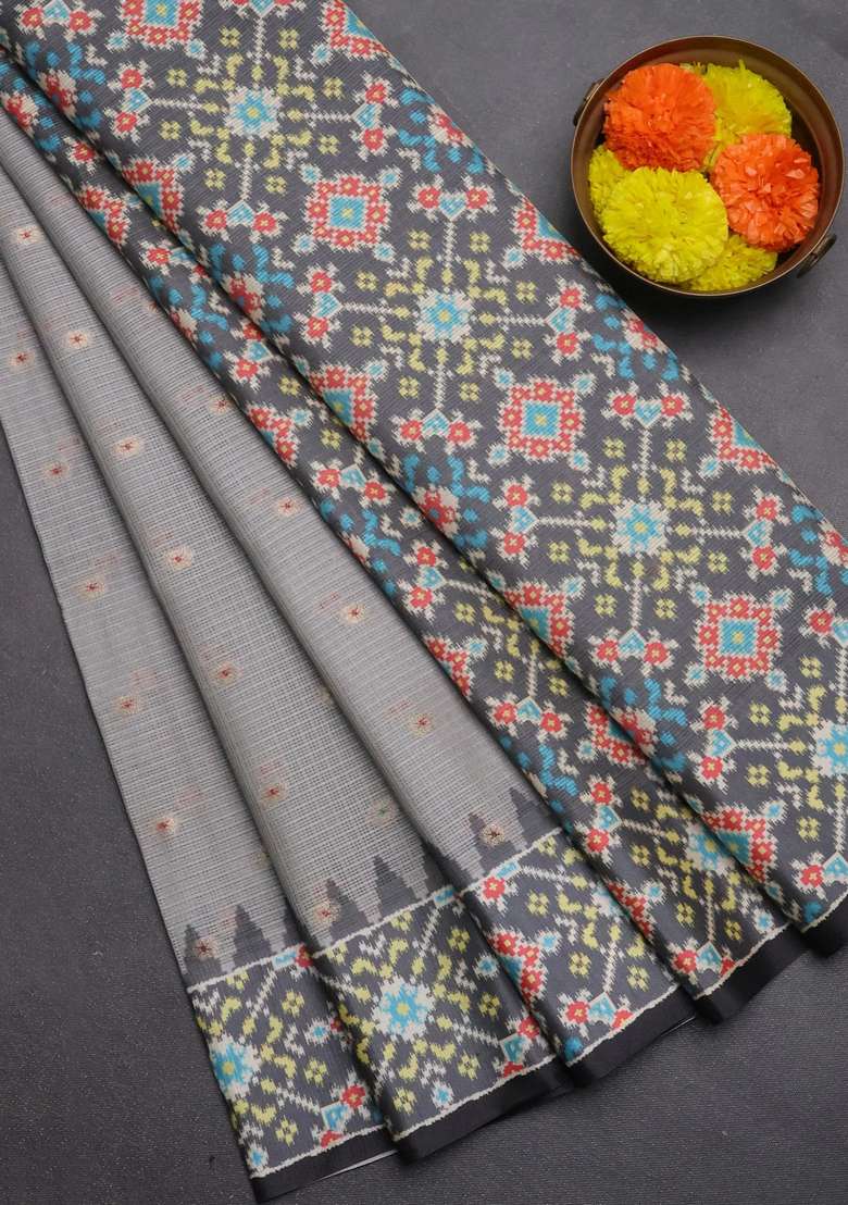 Art Kota Art Silk Saree Pastel Grey And Dark Grey With Allover Zari Woven Buttas And Temple Design Ikat Printed Border For Women - Indya