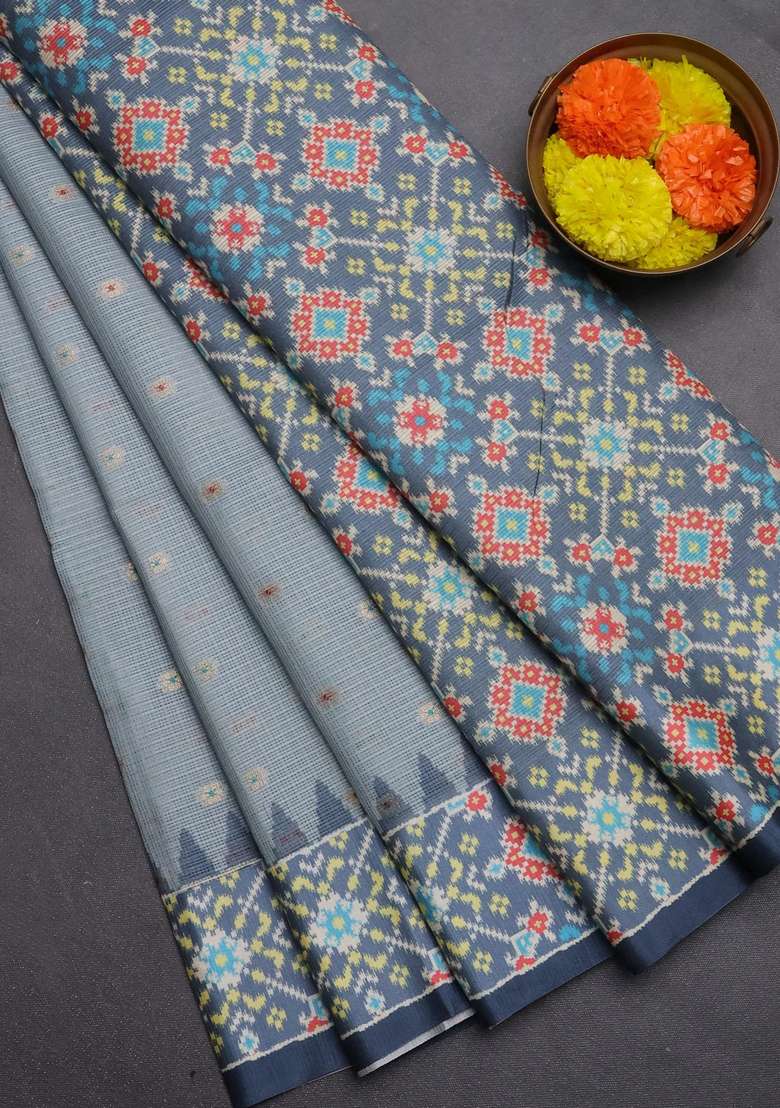 Art Kota Art Silk Saree Pastel Grey And Grey With Allover Zari Woven Buttas And Temple Design Ikat Printed Border For Women - Indya