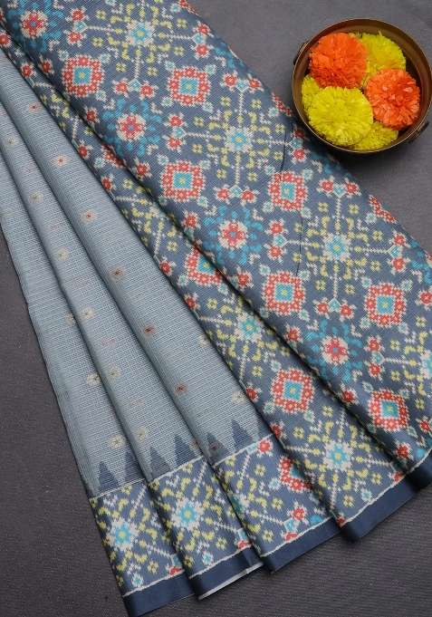 Art Kota Art Silk Saree Pastel Grey And Grey With Allover Zari Woven Buttas And Temple Design Ikat Printed Border For Women