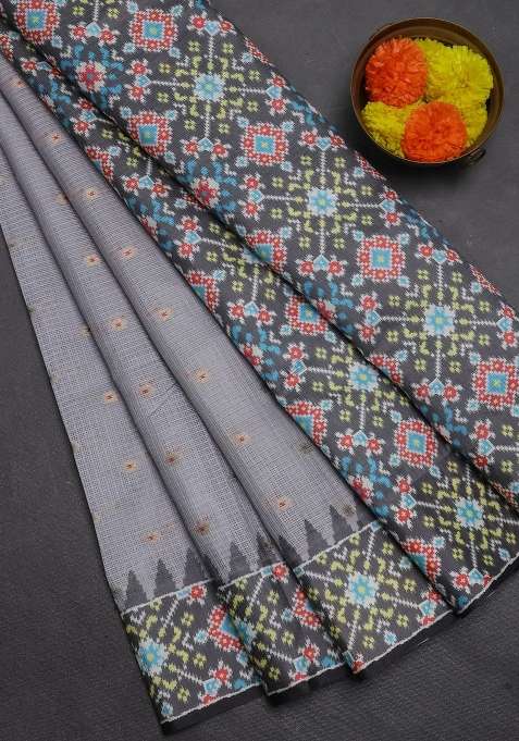 Art Kota Art Silk Saree Pastel Grey And Dark Grey With Allover Zari Woven Buttas And Temple Design Ikat Printed Border For Women