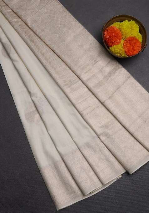 Semi Chanderi Silk Cotton Saree Off White With Zari Woven Buttas And Zari Woven Border With Buttas And Brocade Design For Women