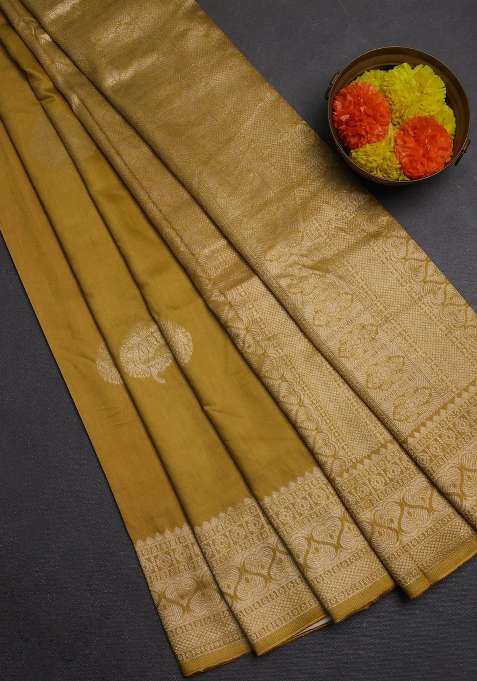 Semi Chanderi Silk Cotton Saree Mustard Yellow With Zari Woven Buttas And Zari Woven Border With Buttas And Brocade Design For Women