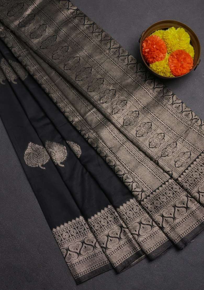Semi Chanderi Silk Cotton Saree Black With Zari Woven Buttas And Zari Woven Border With Buttas And Brocade Design For Women - Indya