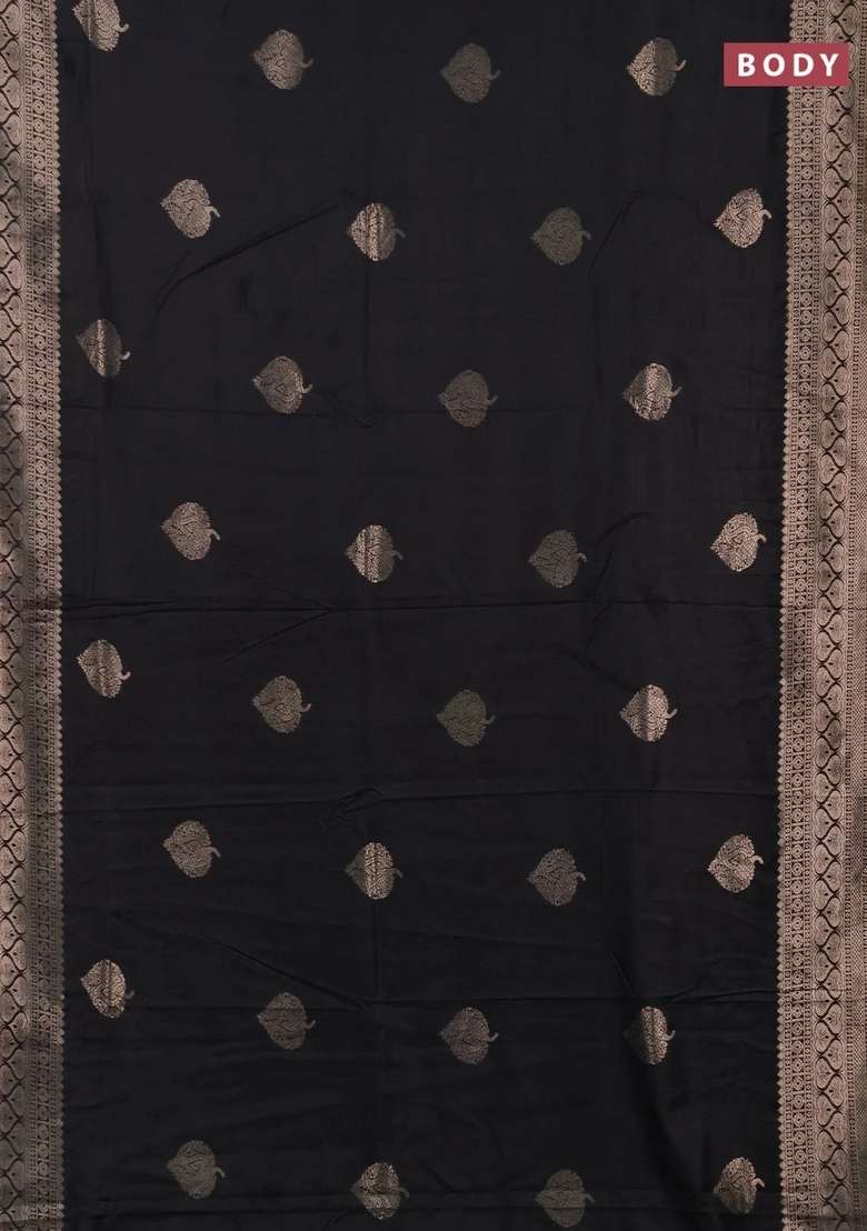 Semi Chanderi Silk Cotton Saree Black With Zari Woven Buttas And Zari Woven Border With Buttas And Brocade Design For Women - Indya