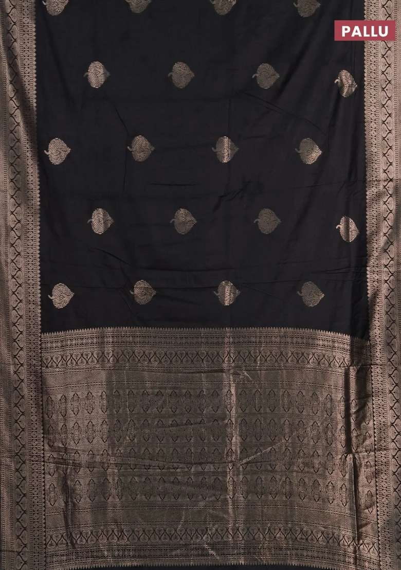 Semi Chanderi Silk Cotton Saree Black With Zari Woven Buttas And Zari Woven Border With Buttas And Brocade Design For Women - Indya