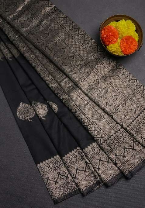 Semi Chanderi Silk Cotton Saree Black With Zari Woven Buttas And Zari Woven Border With Buttas And Brocade Design For Women