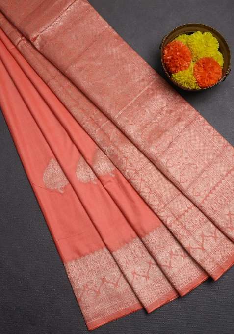 Semi Chanderi Silk Cotton Saree Orange With Zari Woven Buttas And Zari Woven Border With Buttas And Brocade Design For Women