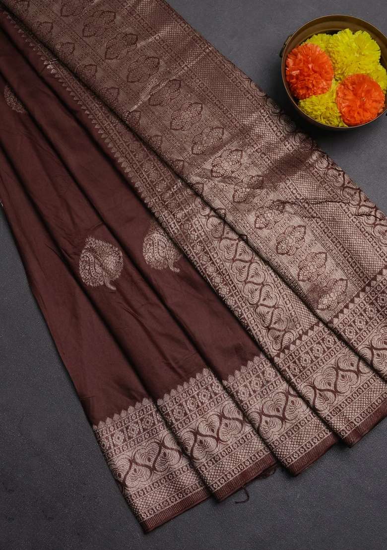Semi Chanderi Silk Cotton Saree Brown With Zari Woven Buttas And Zari Woven Border With Buttas And Brocade Design For Women - Indya