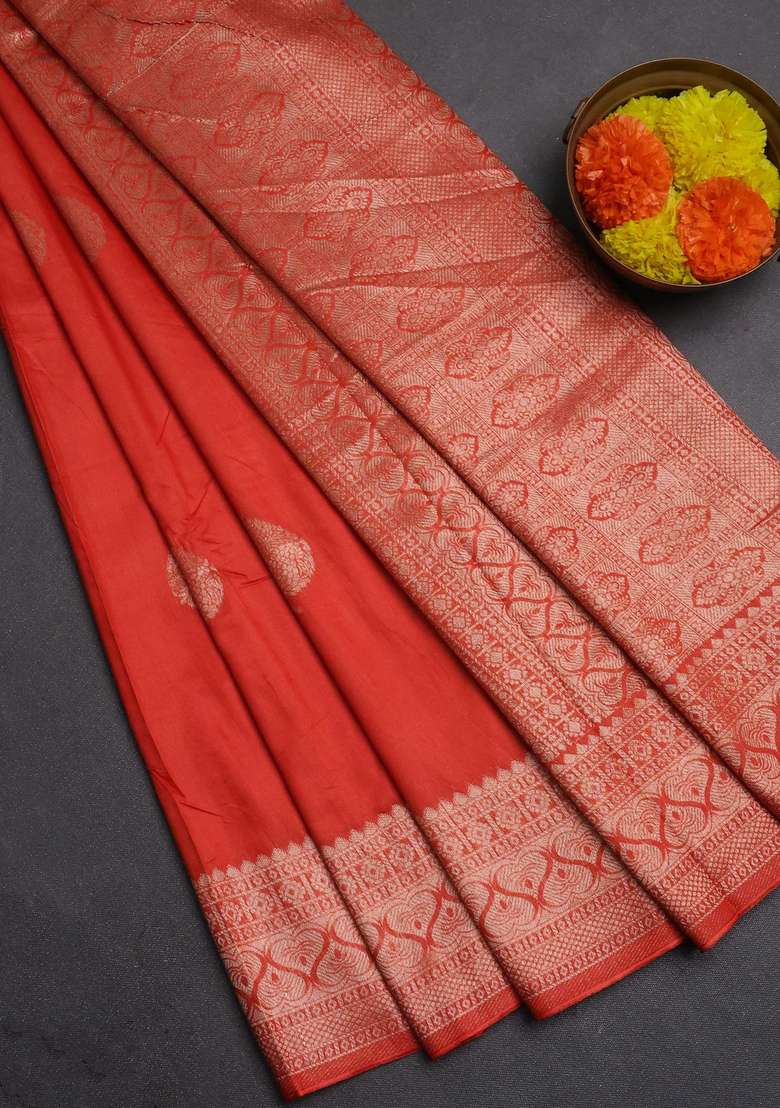 Semi Chanderi Silk Cotton Saree Orange With Zari Woven Buttas And Zari Woven Border With Buttas And Brocade Design For Women - Indya