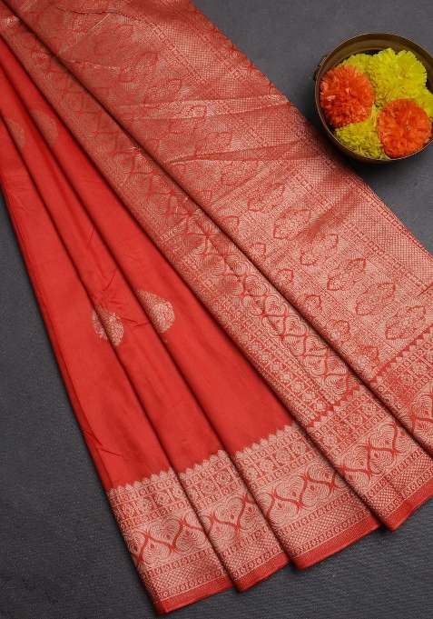 Semi Chanderi Silk Cotton Saree Orange With Zari Woven Buttas And Zari Woven Border With Buttas And Brocade Design For Women