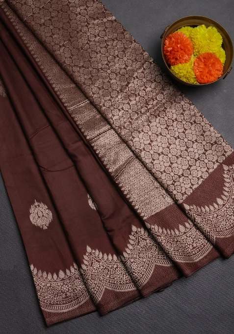 Semi Chanderi Silk Cotton Saree Coffee Brown With Alllover Zari Woven Buttas And Zari Woven Border With Buttas And Brocade Design For Women