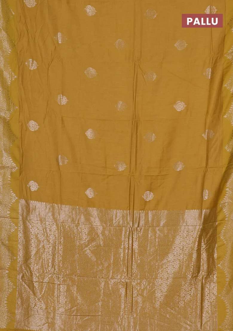 Semi Chanderi Silk Cotton Saree Mustard Yellow With Alllover Zari Woven Buttas And Zari Woven Border With Buttas And Brocade Design For Women - Indya