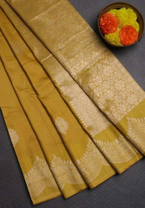 Semi Chanderi Silk Cotton Saree Mustard Yellow With Alllover Zari Woven Buttas And Zari Woven Border With Buttas And Brocade Design For Women