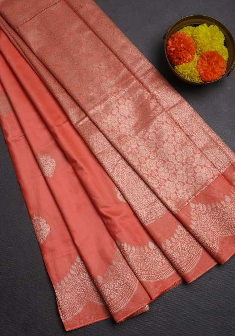 Semi Chanderi Silk Cotton Saree Orange With Alllover Zari Woven Buttas And Zari Woven Border With Buttas And Brocade Design For Women