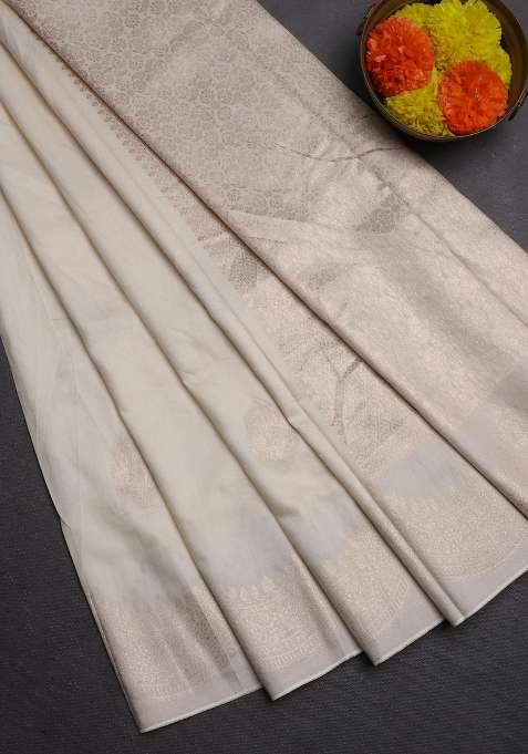 Semi Chanderi Silk Cotton Saree Off White With Alllover Zari Woven Buttas And Zari Woven Border With Buttas And Brocade Design For Women