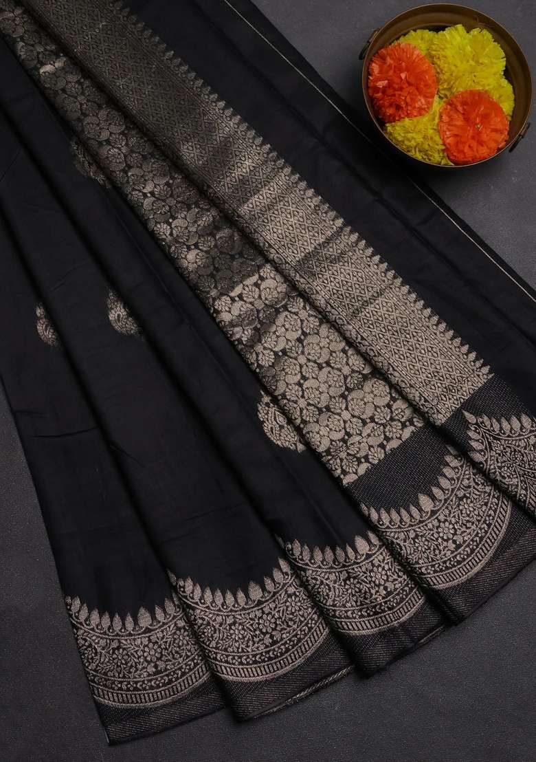 Semi Chanderi Silk Cotton Saree Black With Alllover Zari Woven Buttas And Zari Woven Border With Buttas And Brocade Design For Women - Indya