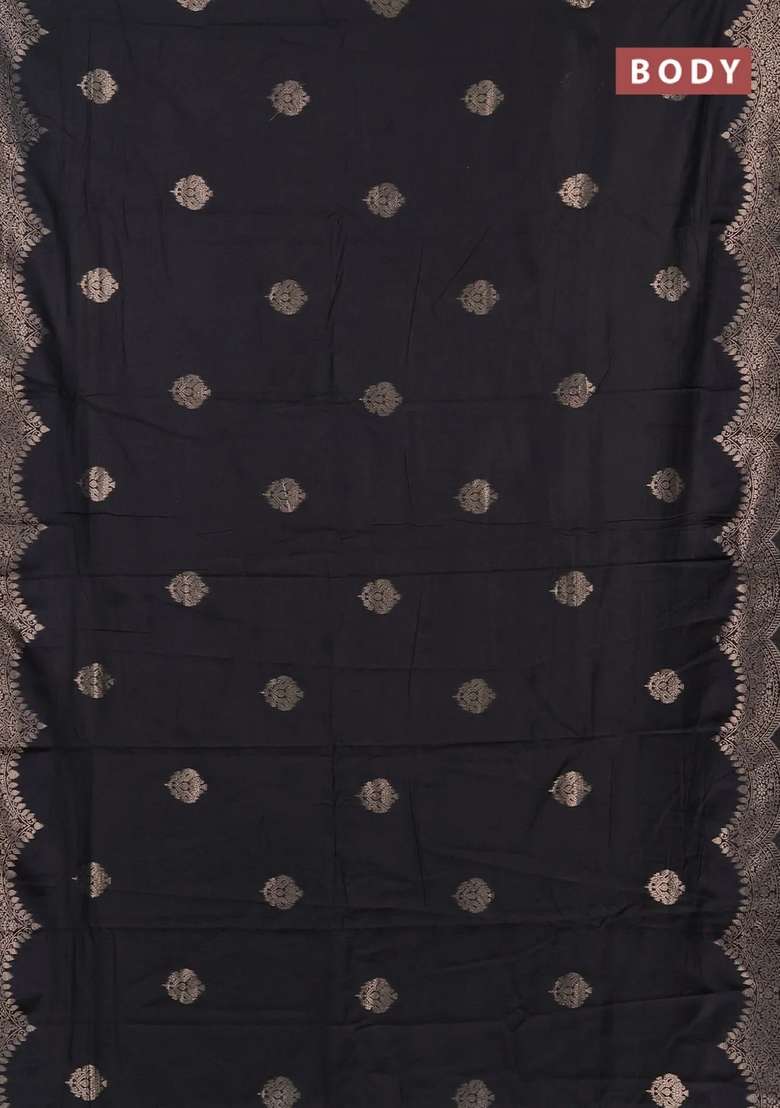 Semi Chanderi Silk Cotton Saree Black With Alllover Zari Woven Buttas And Zari Woven Border With Buttas And Brocade Design For Women - Indya