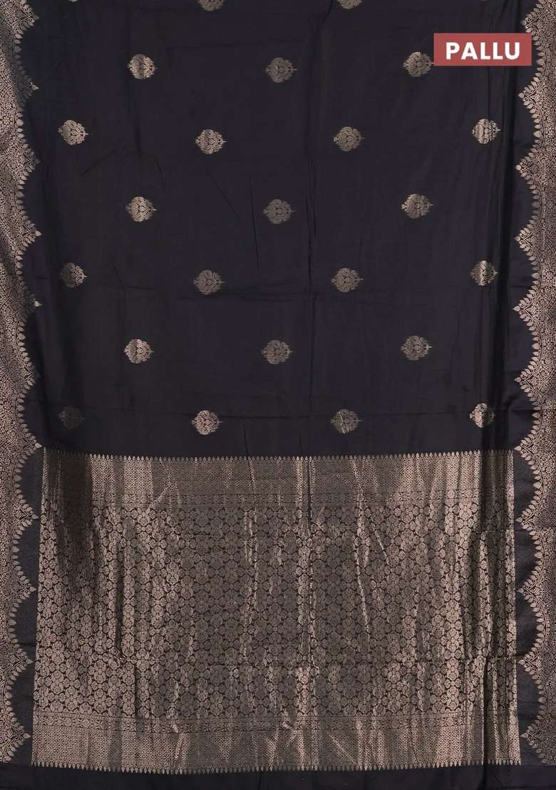 Semi Chanderi Silk Cotton Saree Black With Alllover Zari Woven Buttas And Zari Woven Border With Buttas And Brocade Design For Women - Indya
