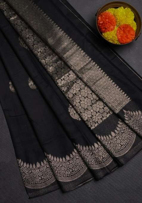 Semi Chanderi Silk Cotton Saree Black With Alllover Zari Woven Buttas And Zari Woven Border With Buttas And Brocade Design For Women