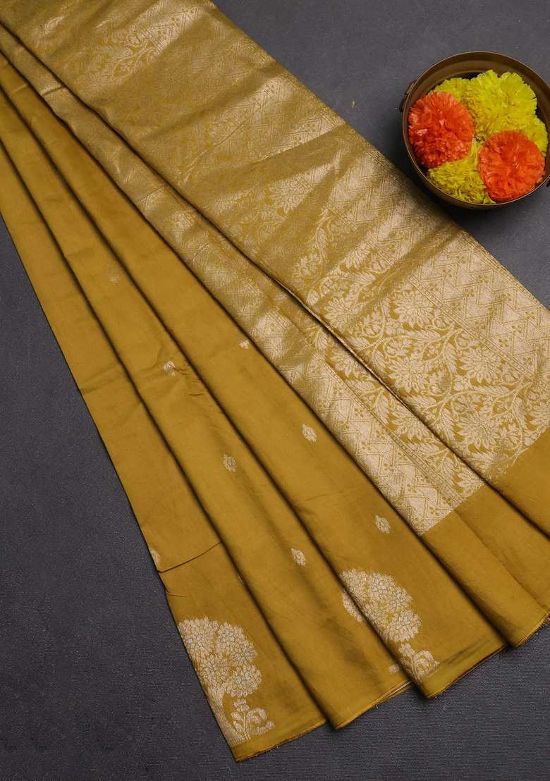 Semi Chanderi Silk Cotton Saree Mustard Yellow With Allover Zari Woven Buttas And Zari Woven Border With Buttas And Brocade Design For Women - Indya