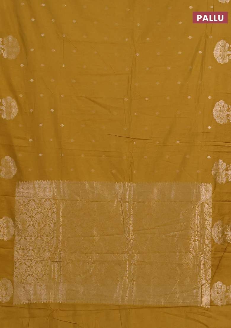Semi Chanderi Silk Cotton Saree Mustard Yellow With Allover Zari Woven Buttas And Zari Woven Border With Buttas And Brocade Design For Women - Indya