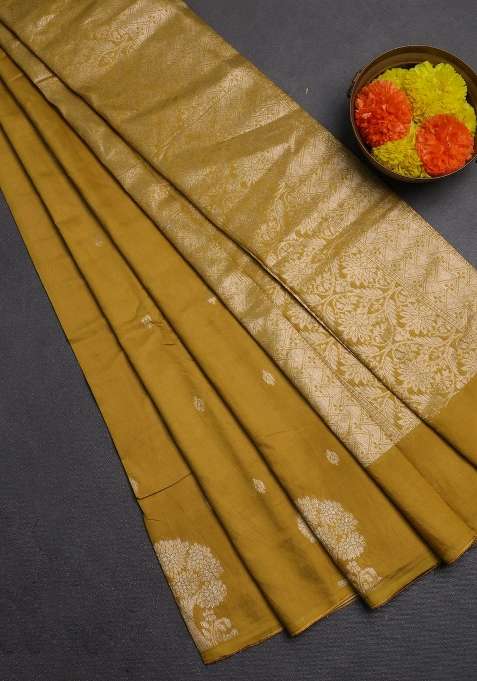 Semi Chanderi Silk Cotton Saree Mustard Yellow With Allover Zari Woven Buttas And Zari Woven Border With Buttas And Brocade Design For Women
