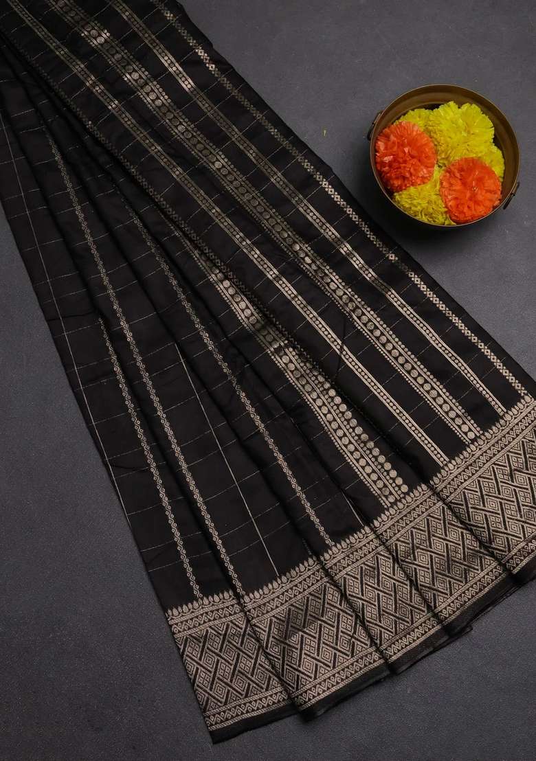 Semi Chanderi Silk Cotton Saree Black With Allover Zari Checked Pattern And Zari Woven Border With Checks And Stripes Design For Women - Indya