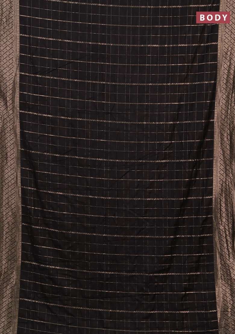 Semi Chanderi Silk Cotton Saree Black With Allover Zari Checked Pattern And Zari Woven Border With Checks And Stripes Design For Women - Indya