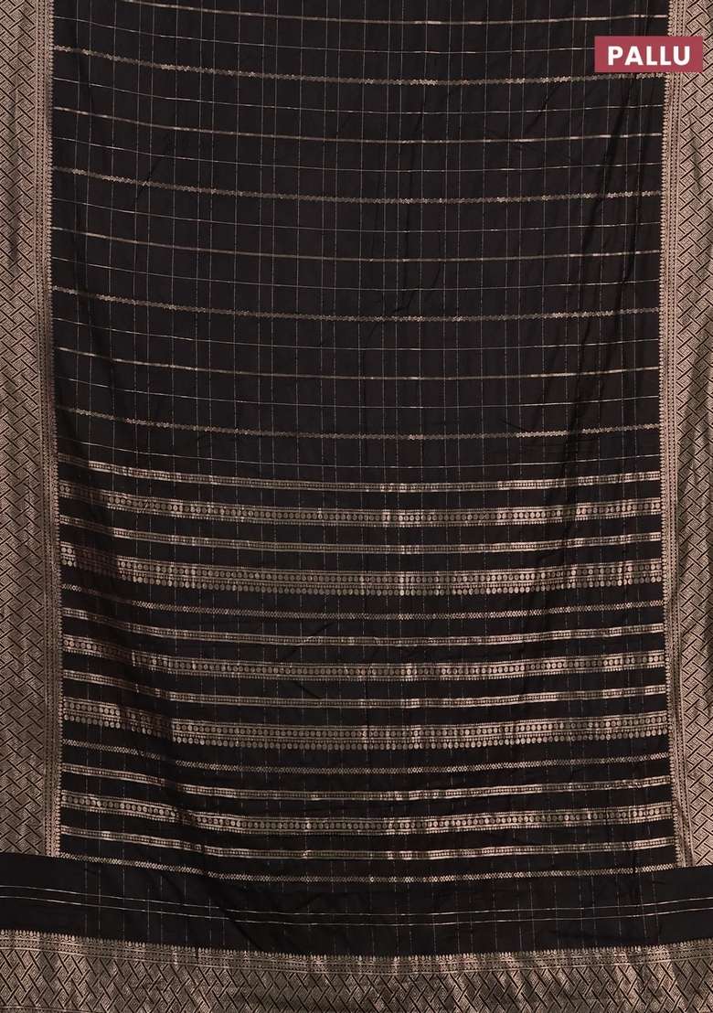 Semi Chanderi Silk Cotton Saree Black With Allover Zari Checked Pattern And Zari Woven Border With Checks And Stripes Design For Women - Indya