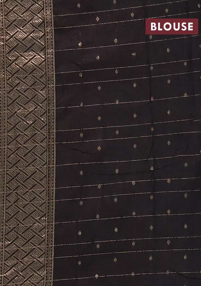 Semi Chanderi Silk Cotton Saree Black With Allover Zari Checked Pattern And Zari Woven Border With Checks And Stripes Design For Women - Indya