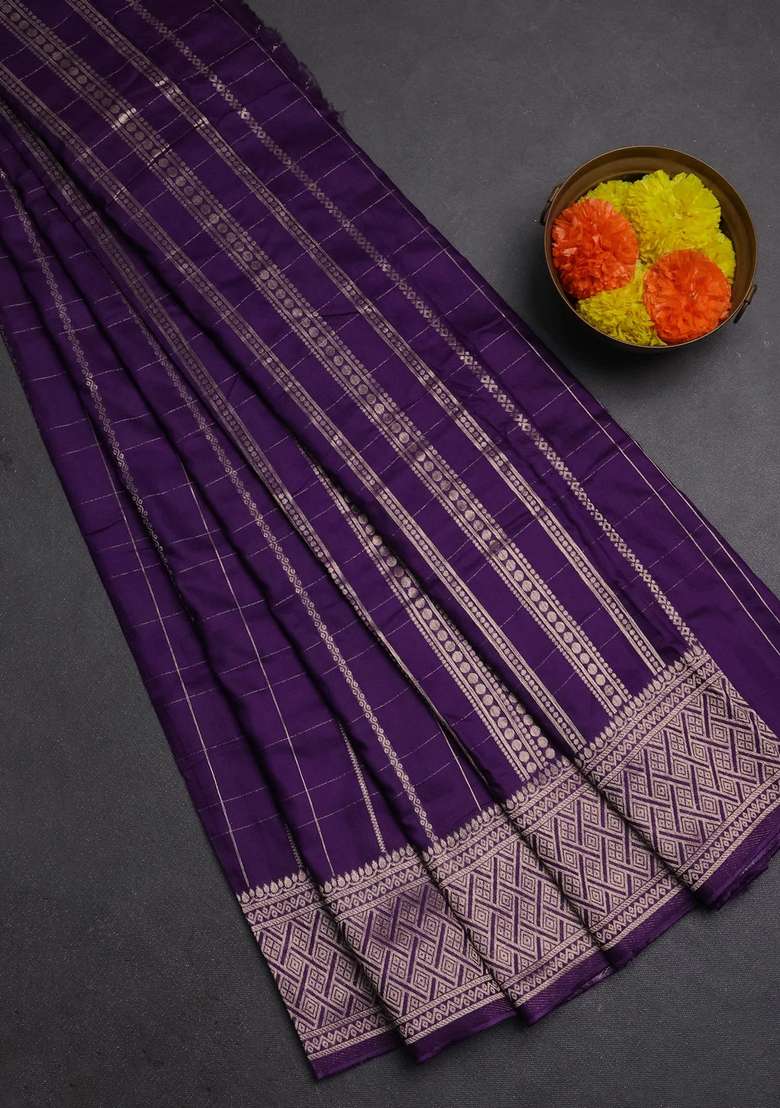 Semi Chanderi Silk Cotton Saree Purple With Allover Zari Checked Pattern And Zari Woven Border With Checks And Stripes Design For Women - Indya