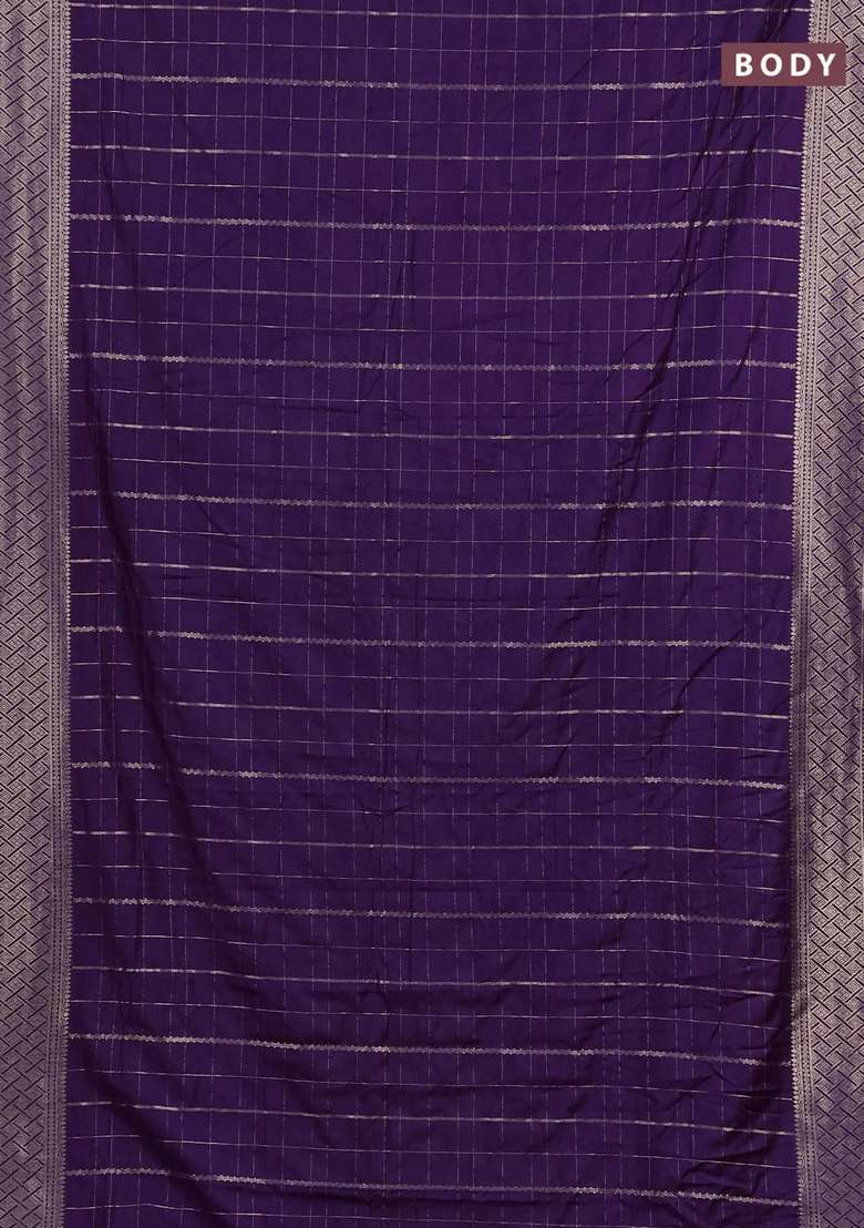 Semi Chanderi Silk Cotton Saree Purple With Allover Zari Checked Pattern And Zari Woven Border With Checks And Stripes Design For Women - Indya