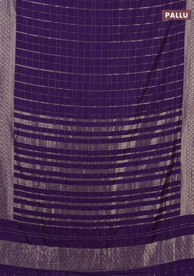 Semi Chanderi Silk Cotton Saree Purple With Allover Zari Checked Pattern And Zari Woven Border With Checks And Stripes Design For Women - Indya